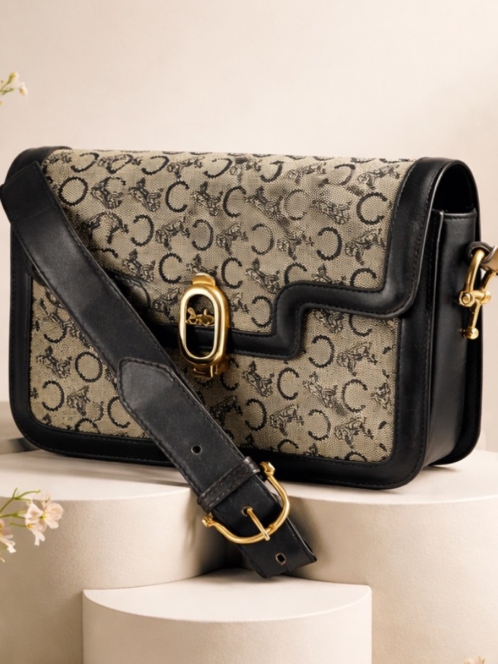 Authentic CELINE C Macadam Carriage Shoulder Bag.